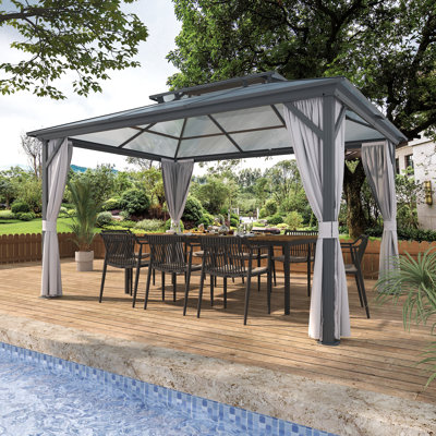 Auvent de toit double 10 x 13 pi avec filet et rideaux, tente de jardin d'extérieur en fer galvanisé à toit rigide à 2 niveaux pour terrasse, cour, terrasse et pelouse