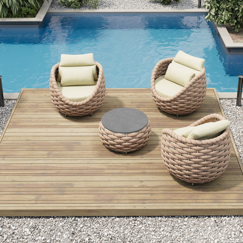 Ensemble de chaises de patio pour 3 personnes avec table basse, 4 Pcs: Table, 3 Chairs, Cream, Orange Textilene Rope