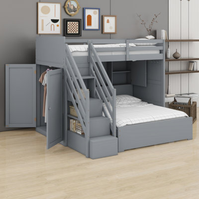 Multifunctional Bunk Bed Frame with Storage Stairs, Wardrobe, USB Charging & Light