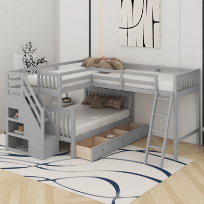 Twin Over Full L-Shaped Bunk Bed With Drawers