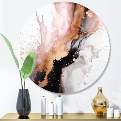 «Pink Gold Splash Marble I», art mural rond en marbre abstrait sur métal