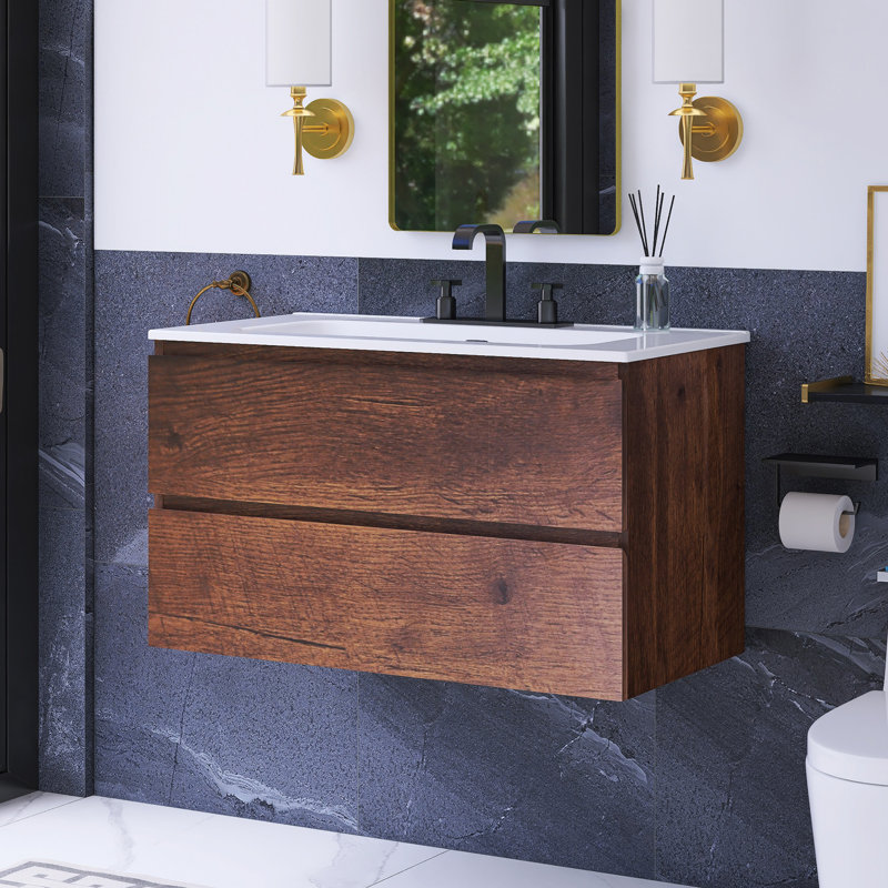 36 In. W Single Sink Wall Mounted Bath Vanity, Walnut