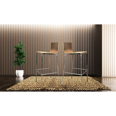 Lit contemporain en bois courbé et H 29,50 po de forme carrée, conception moderne, fabrication d'ingénierie, structure en acier inoxydable, dossier massif, brun verni, sièges de salle à manger avec siège, style,