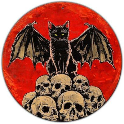 Halloween Round Black Cat Vintage Metal Tin Sign Ndoor & Outdoor Home Bar Coffee Retro Halloween Wall Decor 8 * 8 In