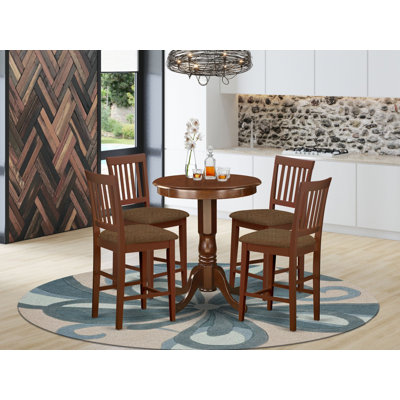 Ensemble de table de salle à manger à hauteur de comptoir 5 pièces comprenant une table ronde en bois avec piédestal et 4 chaises en tissu de lin, acajou