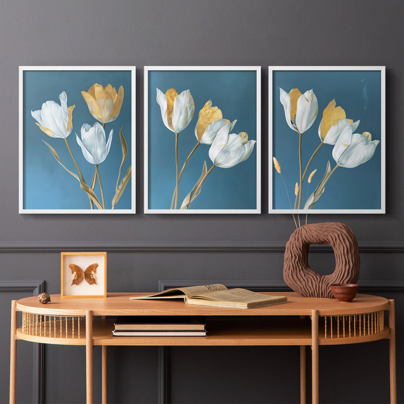 Étude florale série L - Ensemble de 3 estampes numériques encadrées - Prêt à être accroché, Blanc, H 10 po x l 24 po