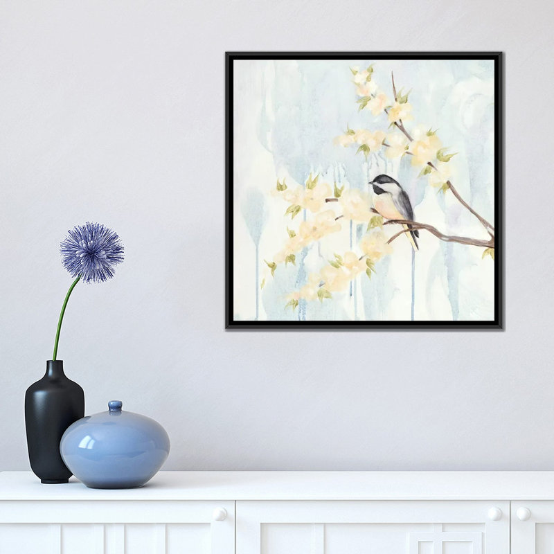 « spring chickadeess i », impression sur toile, H 18 po x l 18 po x P 1,5 po, Toile avec cadre noir, Pas de tapis