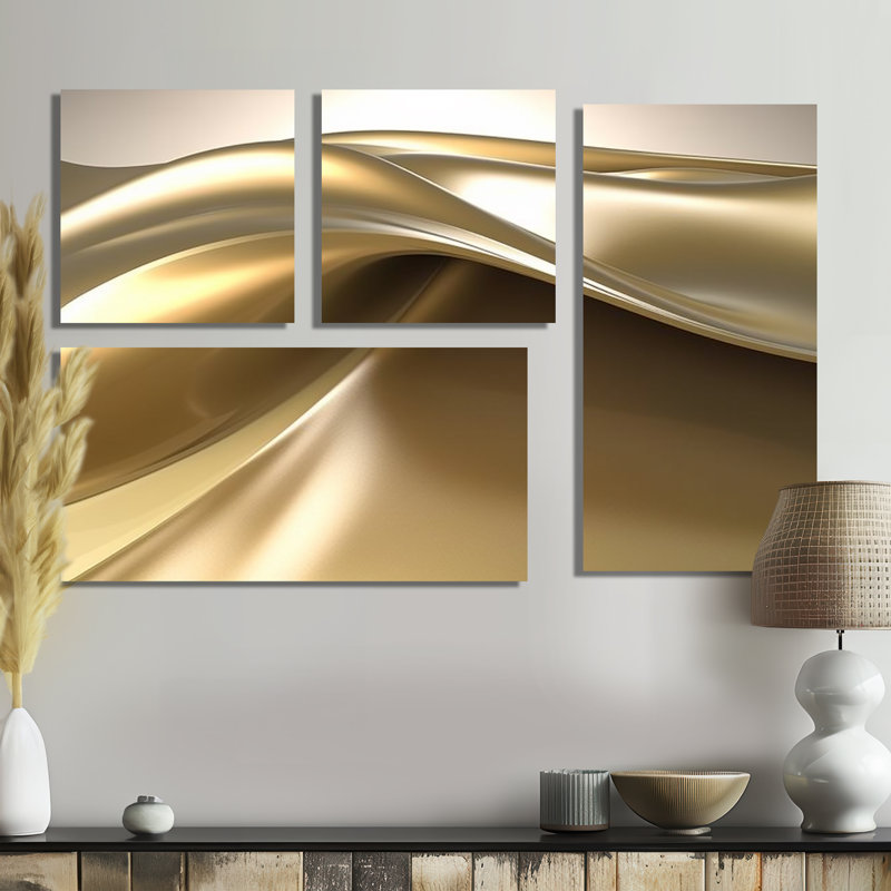 Minimal Glam subtile rétro liquide vague d'or - grandes formes abstraites d'art sur toile 4 pièces, Noir