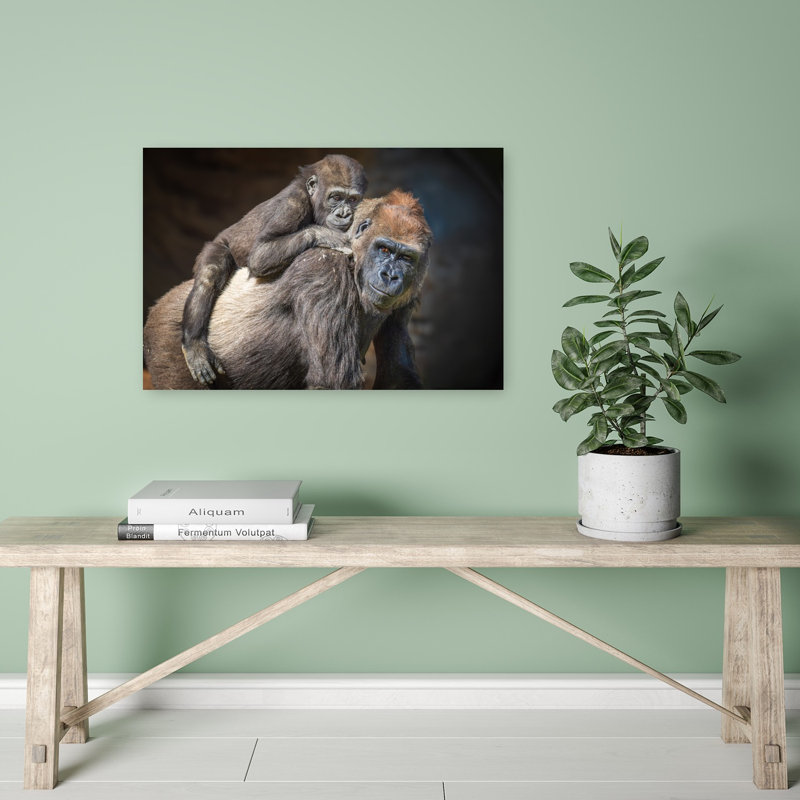 Gorilla Mother And Baby Abstract Contemporary Gorilla Forest Landscape Wall Art Print, 40.64cm H x 60.96cm W