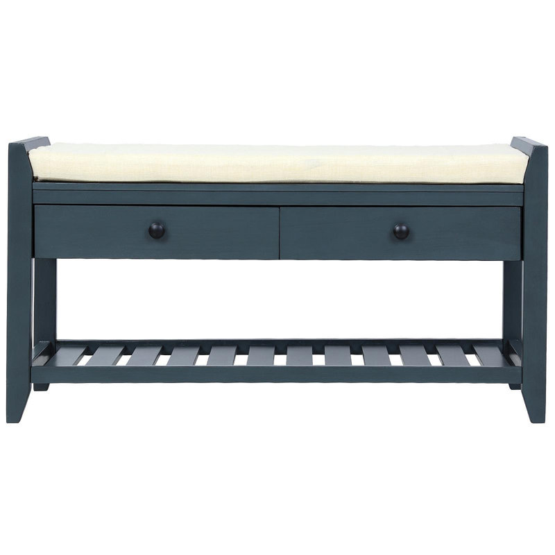 Range-chaussures avec siège et tiroirs rembourrés, banc de rangement polyvalent pour hall d'entrée (bleu marine antique)
