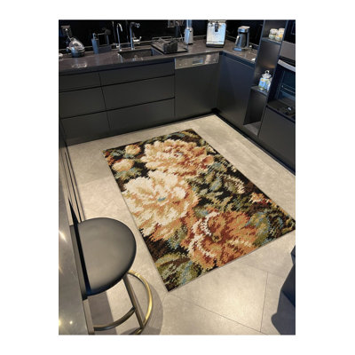 Floral Black Colorful Toned Striped Decorative Machine Washable Area Rug