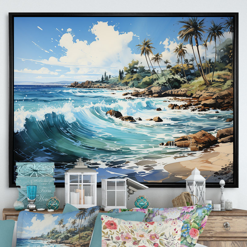 Palmier turquoise sur fond tropical, Cadre flottant noir, H 34 po x l 44 po x P 1,5 po