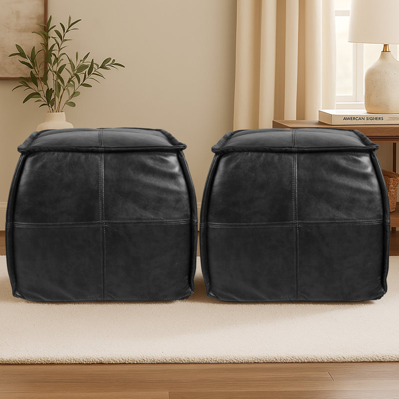Full-Grain Genuine Leather Square Pouf With Patchwork Design (Set Of 2), Noir