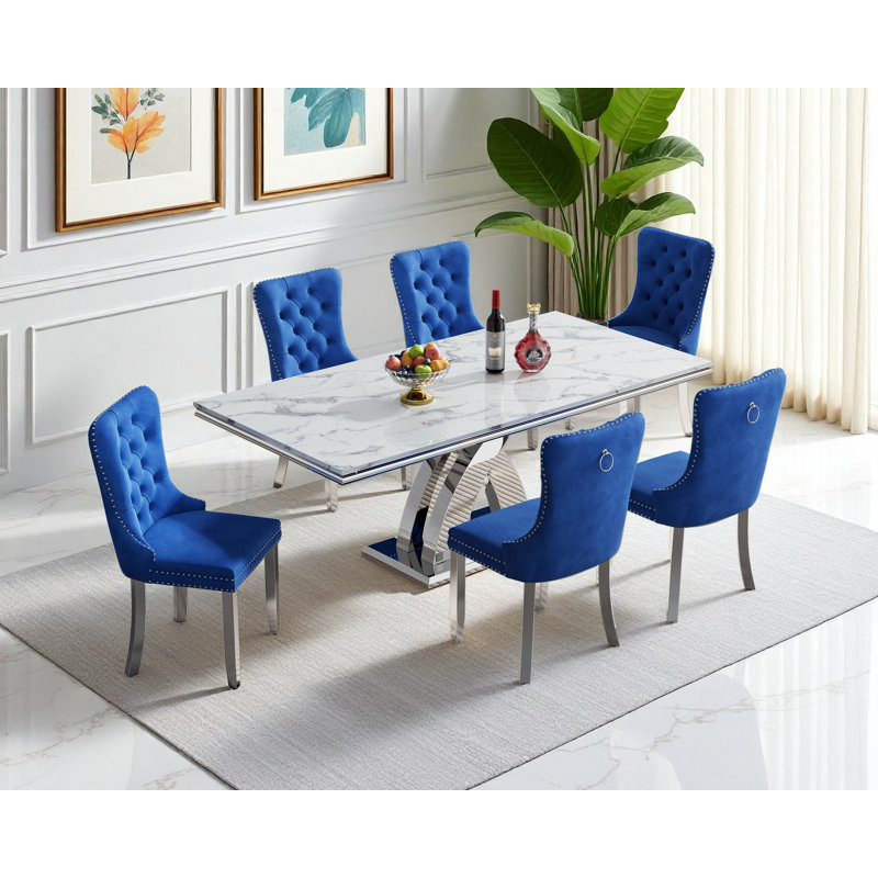 Modern 68.11" Faux Marble Dining Table Set , White Marble Dining Table with Velvet Dining Chairs, Dining Room Table and Chairs Set, Luxury Dining Table Set for Kitchen Dining