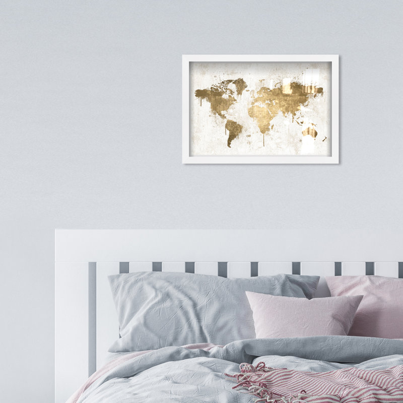 Cartes du monde en or blanc mapamundi-Shadowbox-impression d’art graphique sur papier, 11.5" H x 16,5" x 1" D