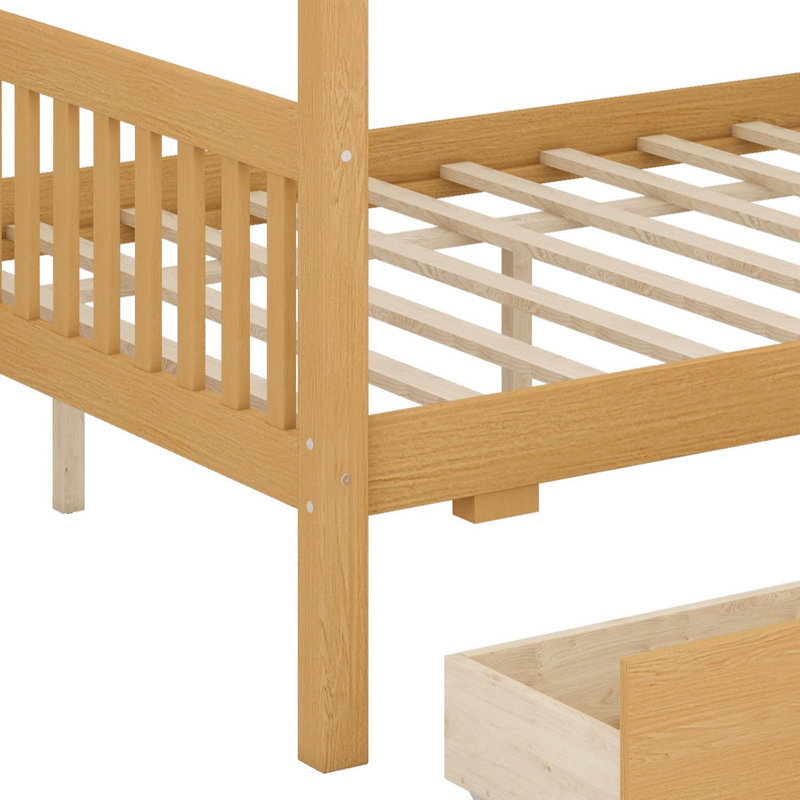 Wooden House Bed With Drawers, Full, Natural