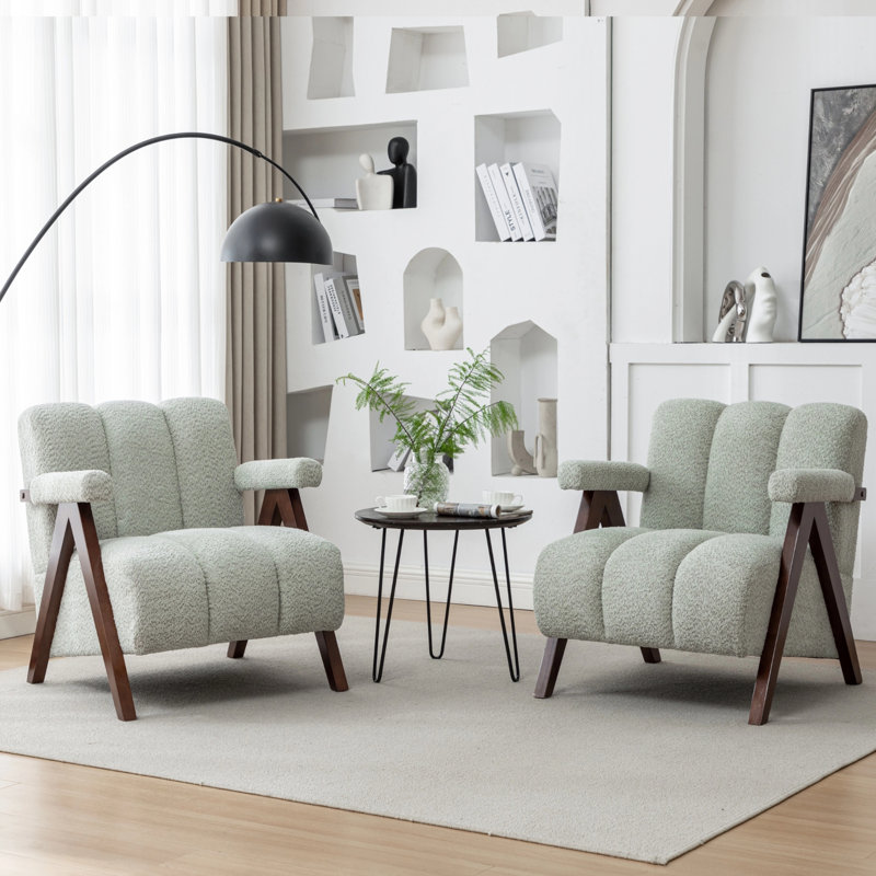 Fauteuil Dormon rembourré avec pieds en bois massif, Sauge
