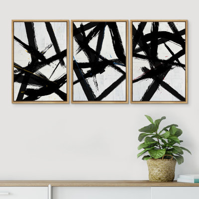 Black and White Paint Strokes Abstract - 3 Piece Floater Frame Print Set on Canvas