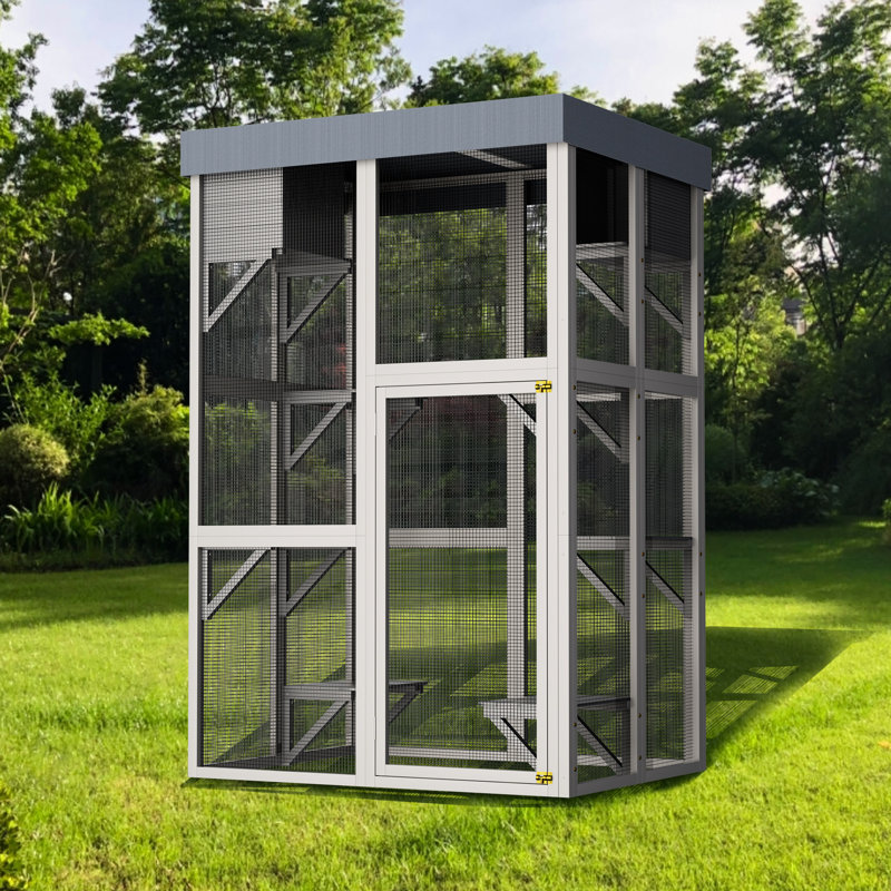 Hauteur de 70,5 po, bois gris, parc pour chat, 6 plateformes spacieuses, 2 places pour faire la sieste, bâche mobile, coins arrondis, maison de loisirs sécurisée féline, zones douillettes pour sauter, verrouillage amovible, bien-être du chat