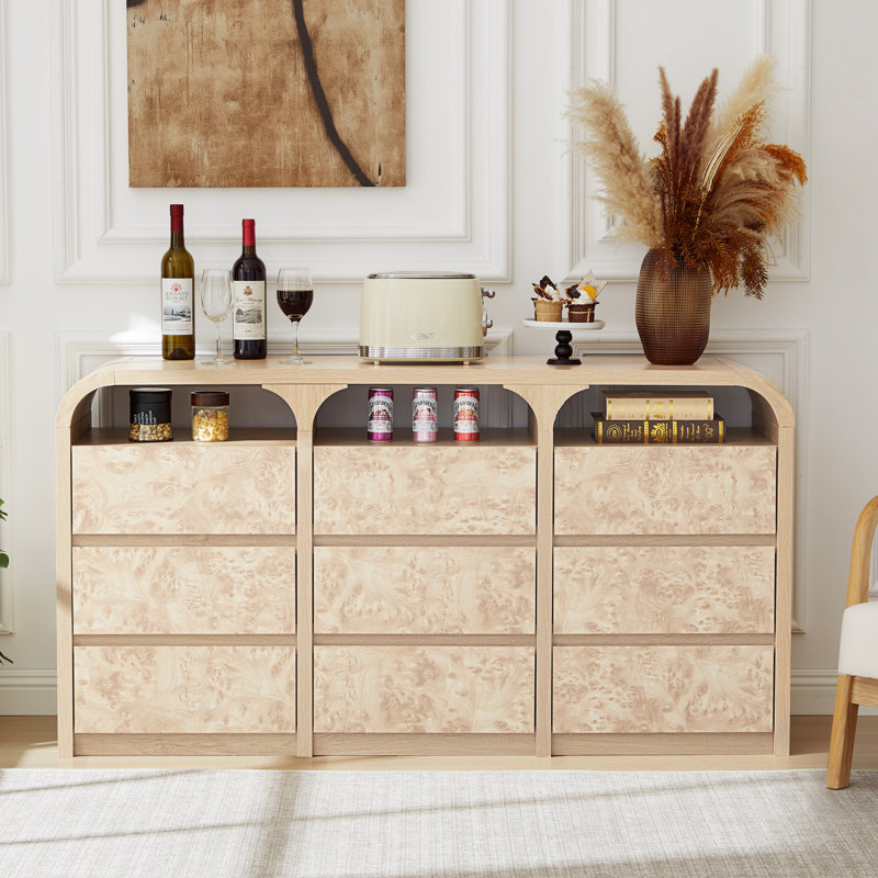 59'' W 9 Drawer Burl Wood Dresser, Natural