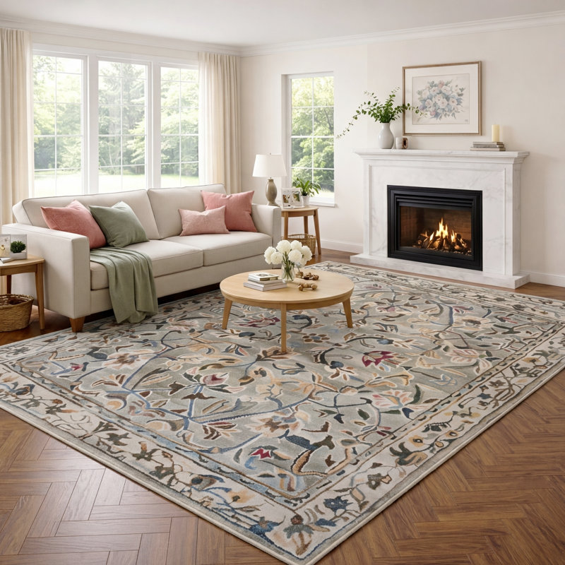 Floral Non-Slip Machine Washable Farmhouse Modern Area Rug in Green/Yellow/Cream/Colorful for Living Room, Bedroom, Hallway Indoor Rugs
