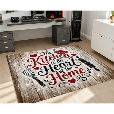 Kitchen Heart of Home Machine Washable Area Rug with Non‑Slip Backing, Wood Grain with Whisk and Rolling Pin Design Pattern Floor Carpet, Cozy Indoor Home Decor for Living Room, Dining Room, Apartment, Studio
