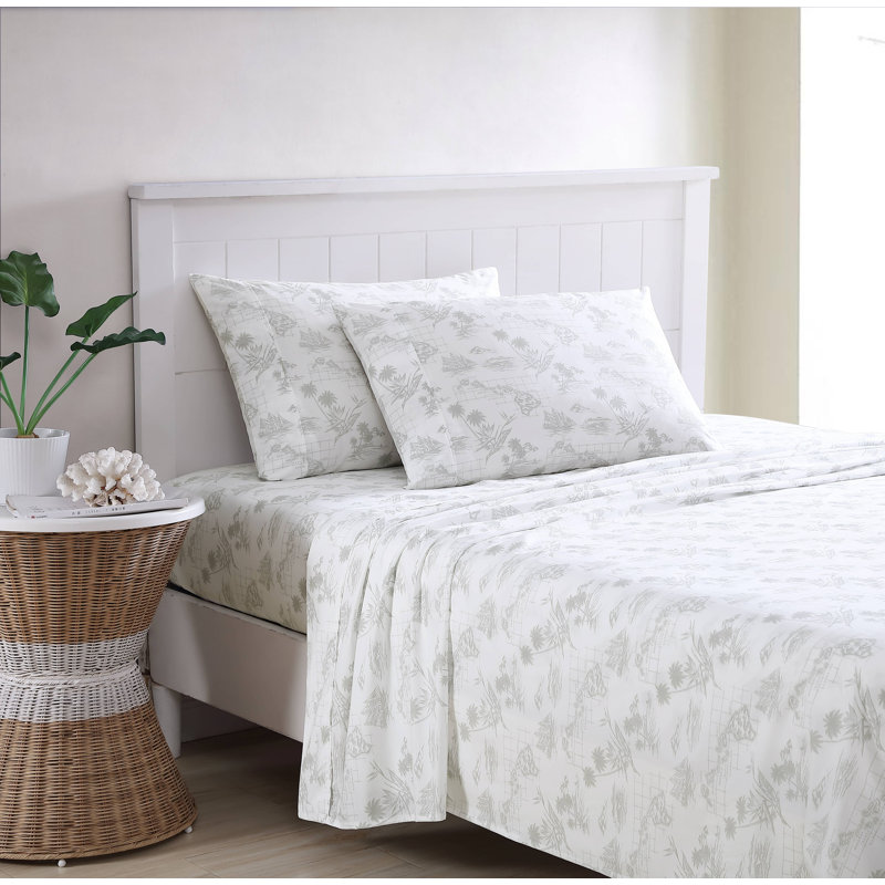 Tommy Bahama Printed Percale Cotton Sheet Set, Queen Sheet Set with 2 Pillowcases, Gray Vintage Map