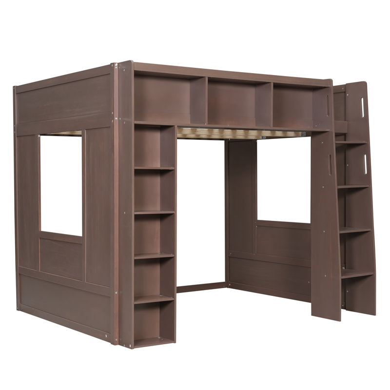 Queen Size Wooden Loft Bed with Storage Cabinets and Shelves, Brown, Brown