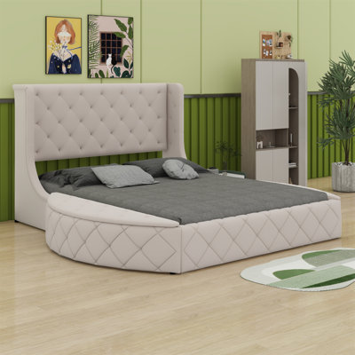 Lit plateforme tapissier avec tête de lit à oreilles et 1 grand tiroir, 2 tabourets de rangement latéraux