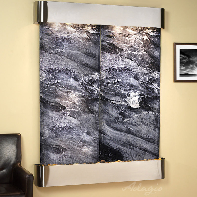 Majestic River Natural Stone Fountain with Light, Black Spider Marble, Stainless Steel