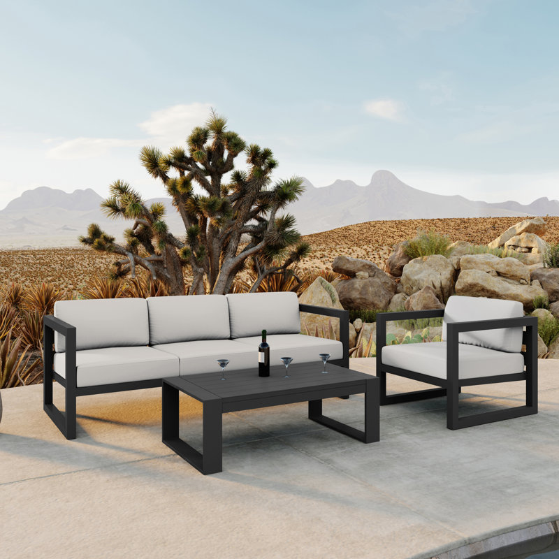 Smith 3 Piece Sofa Seating Group with Sunbrella® Cushions, Canvas Natural Sunbrella® Canvas, Slate Gray