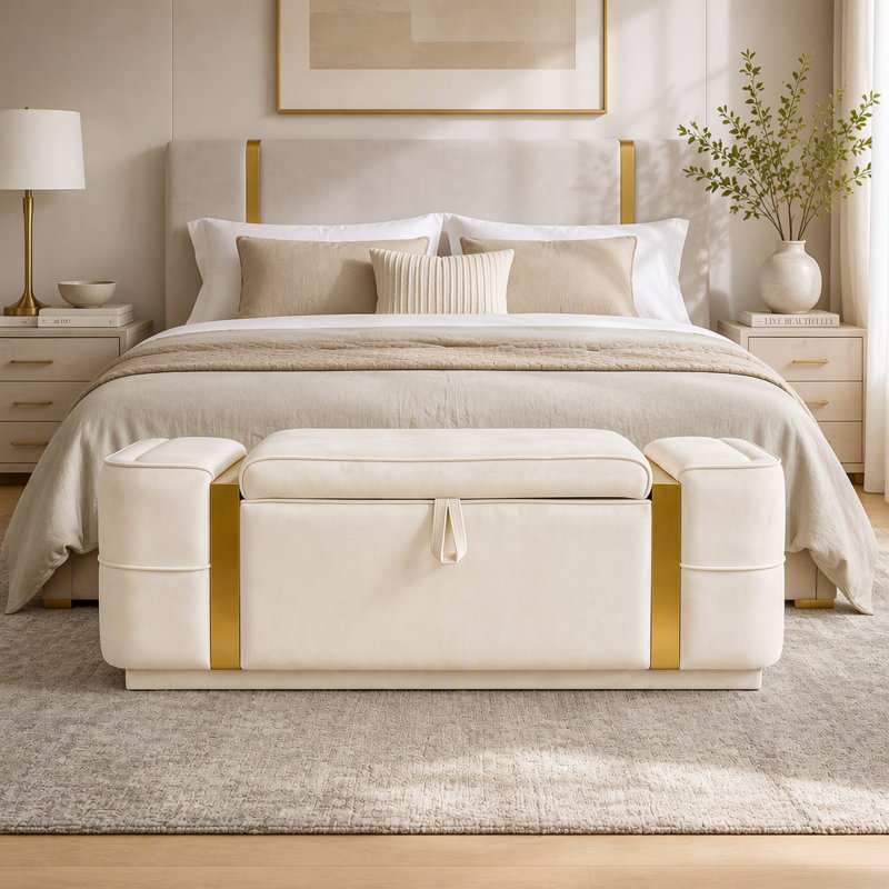Banc de rangement avec repose-pieds Modern, Beige, Beige, Beige