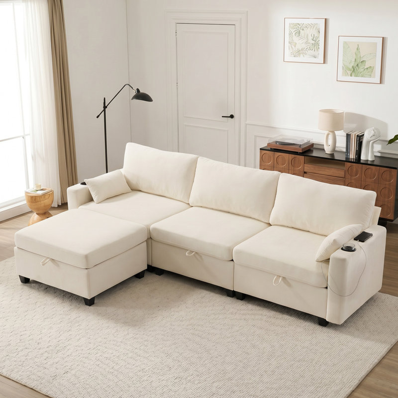 Canapé modulaire de 110 po avec canapé-lit convertible en forme de L, canapé modulaire et méridienne avec tous les sièges de rangement pour salon, appartement, ivoire