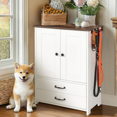 Dog feeding station, double door locker with 2 adjustable dog bowls, 3 hooks on right side, white