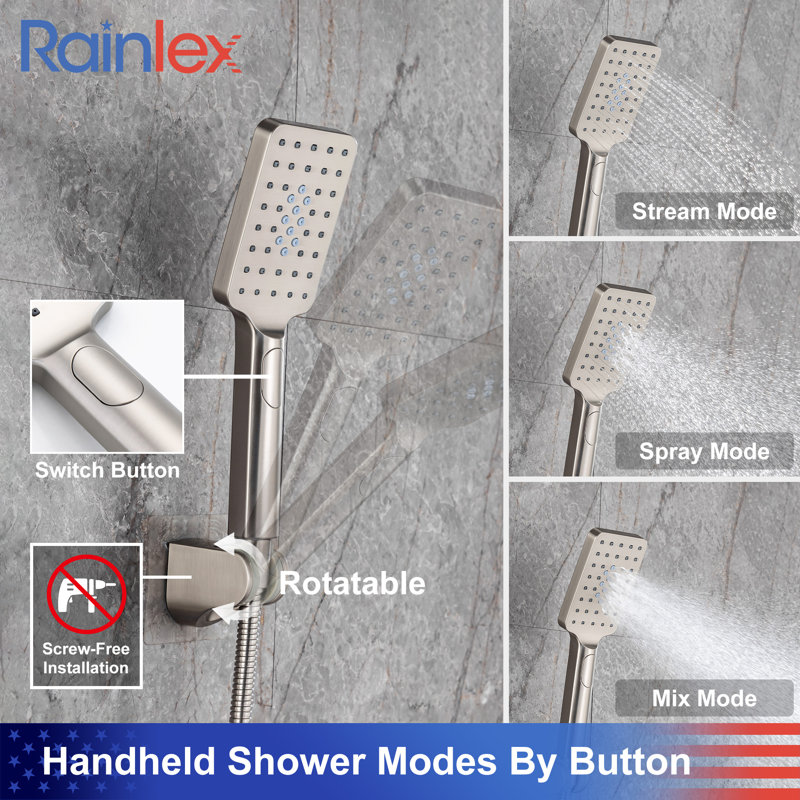 Robinet de douche complet avec valve brute Rainlex, Nickel brossé
