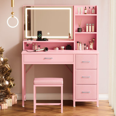 Ensemble de coiffeuse blanc et doré avec miroir et lumières DEL, 4 tiroirs, prises de courant et tabouret rembourré | Coiffeuse de maquillage pour chambre à coucher