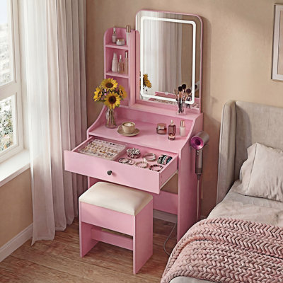 Makeup Vanity Set with Stepless Dimming LED Mirror, Charging Station, and Storage Stool