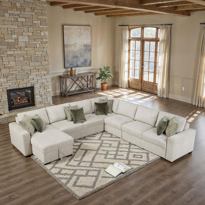  Orrin 140" Modern & Contemporary Sectional - Extra-Large Microfiber U-Shaped Sectional with Storage Chaise, Drop-Down Back, and 8 Pillows.