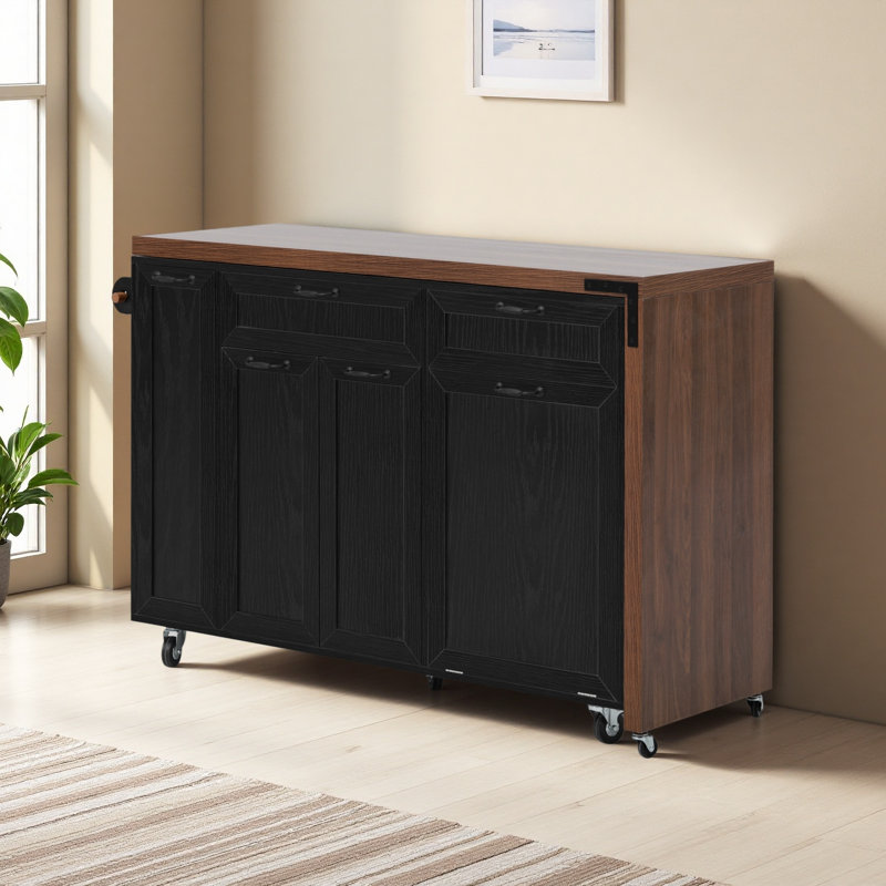 102.3" Kitchen Island With Extendable Dining Table, Kitchen Rolling Island Cart With Trash Storage Cabinet, 3-Tier Pull-Out Spice Rack