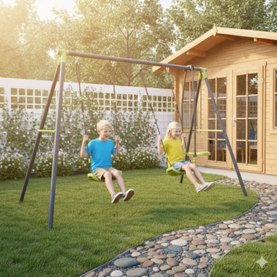 Ensemble de balançoire en métal durable à trois places pour enfants, d'une capacité de 440 lb pour les aires de jeux extérieures, de couleur noire et verte, adapté aux enfants de 3 ans et plus