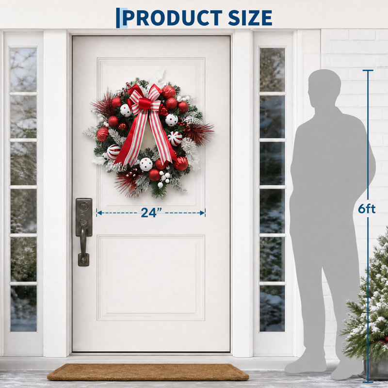 Couronne de Noël pré-éclairée 24 po avec 20 lumières DEL, ruban et boules décoratives, couronne de pin artificielle en PVC pour porte d'entrée
