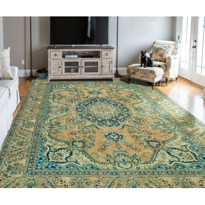 Nerriah One-of-a-Kind 9'6" x 13'3" 1980s Rectangle Wool Area Rug in Gold and Navy