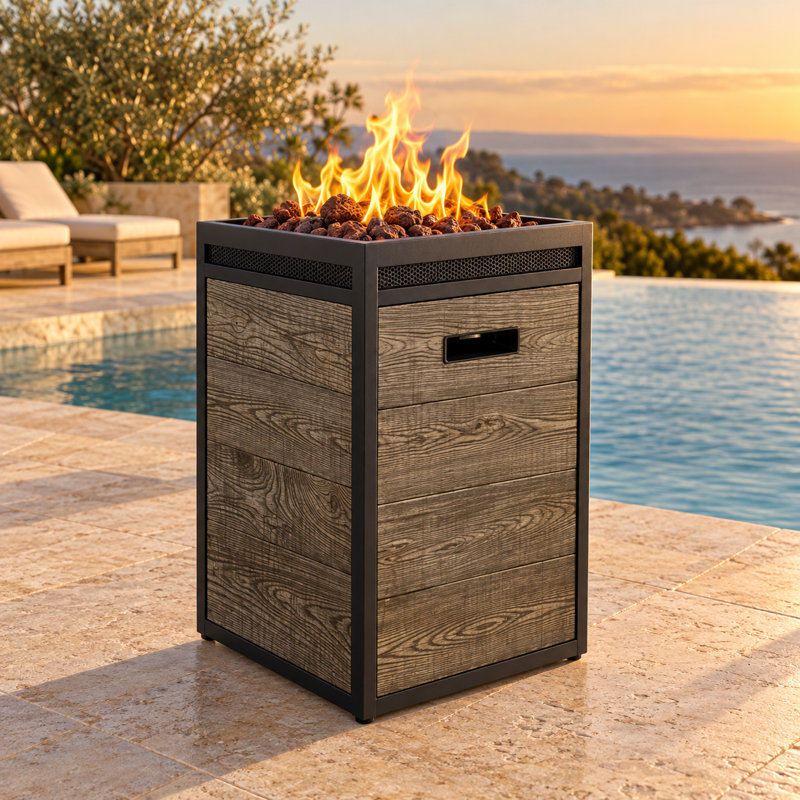 Colonne de feu au propane 16 po 40 000 BTU avec panneaux aspect bois TerraFab et couvercle en acier