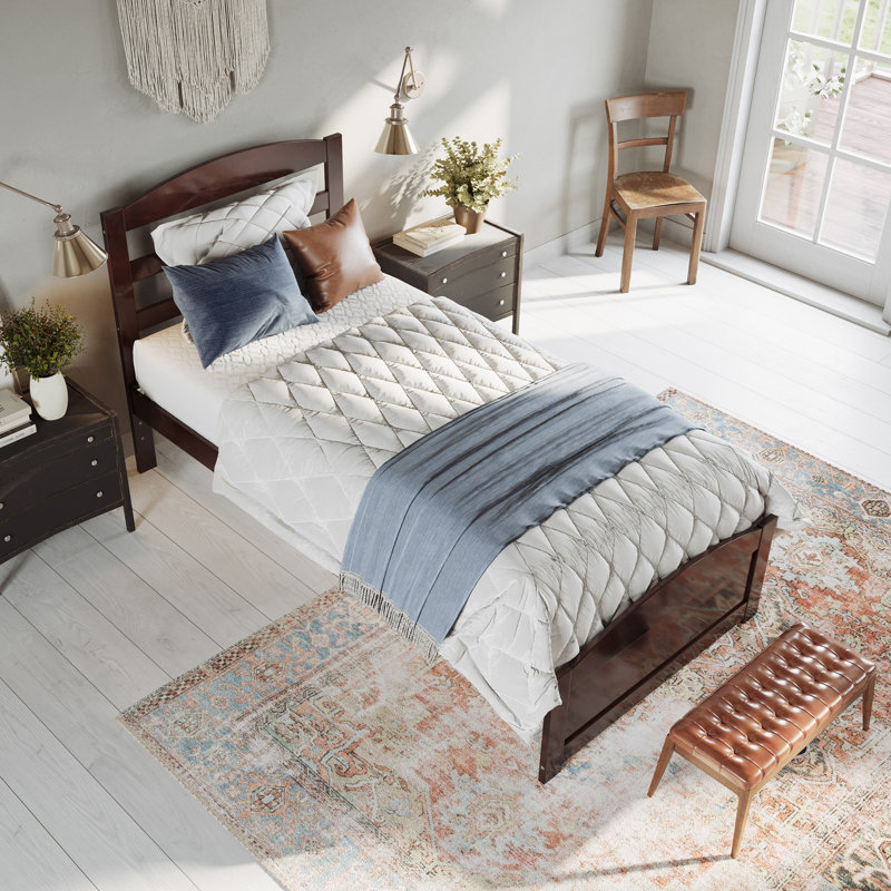 Elliana Solid Wood Platform Bed with Footboard & Built-in Charging Station, Walnut, Extra-Long Twin