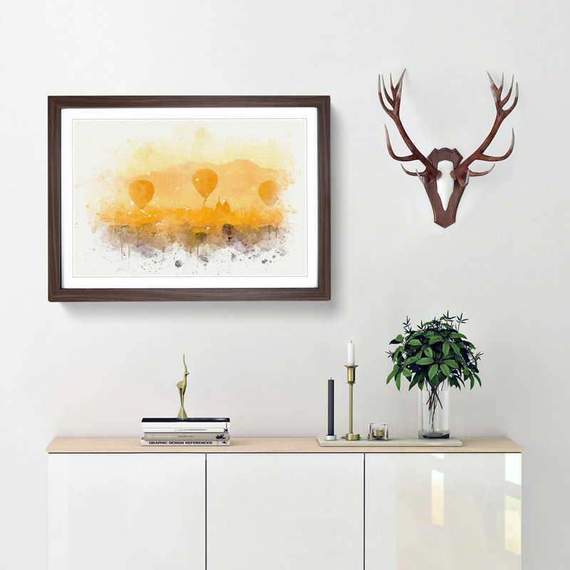 Hot Air Balloons over Bagan in Abstract - Framed Print, 36cm H x 48cm W x 2cm D, Walnut Framed