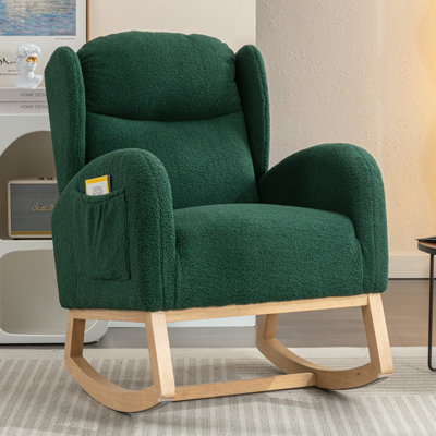 Green Teddy Fabric Nursery Rocking Chair With Side Pocket, 38x28x40in Tufted Back Design, Perfect For Living Room Bedroom Indoor
