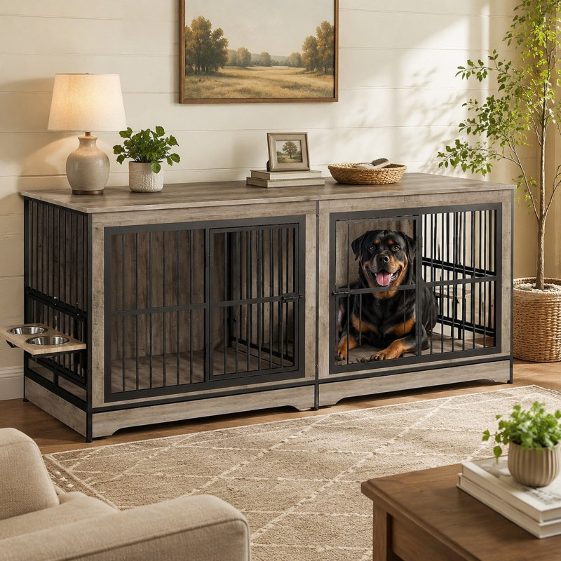 Cage double pour deux grands chiens, niche intérieure en bois avec bol et meuble télé, gris, pour grandes races.