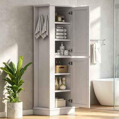 Tall Bathroom Storage Cabinet, Freestanding Storage Cabinet with Side Hook and Adjustable Shelf – MDF Linen Cabinet for Bathroom, Laundry Room & Entryway, Gray