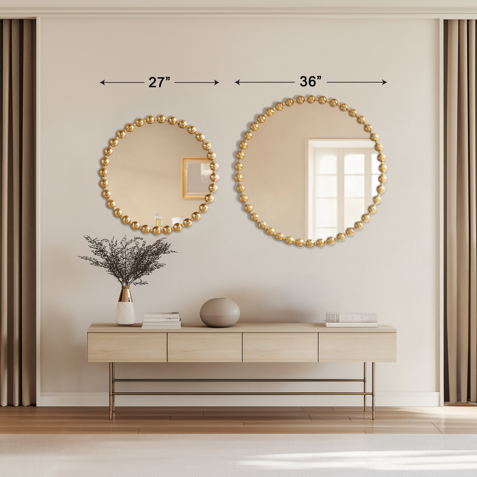 Marlowe Beaded Round Metal Wall Mirror, Gold, 27" x 27"