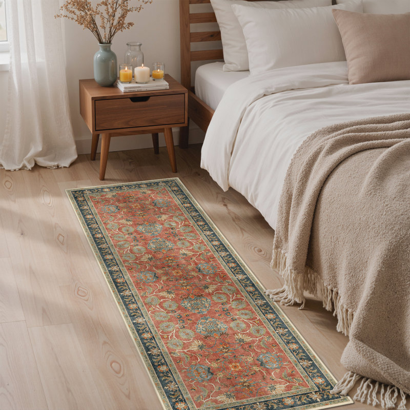 Tapis oriental performance lavable à la machine Roehit Persian Heritage Medallion, Tapis de couloir 2 pi x 6 pi, Orange/bleu